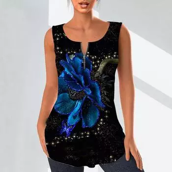 Женские модные рубашки с v-образным вырезом, повседневные топы, футболка, женский жилет с 3D позолоченным цветочным принтом, блузка без рукавов больших размеров, топы на бретелях XS красный