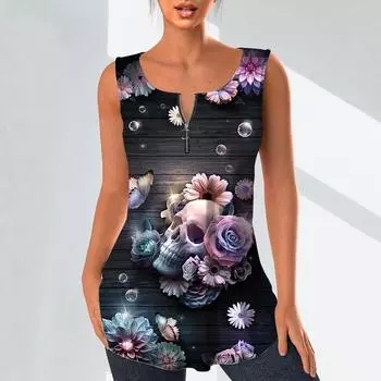 Женские модные рубашки с v-образным вырезом, повседневные топы, футболка, женский жилет с 3D принтом черепа и роз, блузка без рукавов больших размеров, топы на бретелях XS розовый