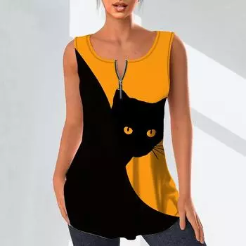 Женские модные рубашки с v-образным вырезом, повседневные топы, футболка, женский жилет с 3D принтом черной кошки, блузка без рукавов больших размеров, топы на бретелях XS чёрный