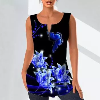 Женские модные рубашки с v-образным вырезом, повседневные топы, футболка, женский жилет с 3D синим цветочным принтом, блузка без рукавов больших размеров, топы на бретелях XS синий