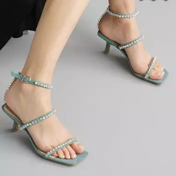 Женские модные сандалии из натуральной кожи зеленого цвета для женщин на каблуке для вечернего платья