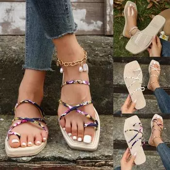 Женские модные сандалии на плоской подошве с открытым носком, удобная повседневная обувь, тапочки, повседневные сандалии в богемном стиле, тапочки 36 чистый