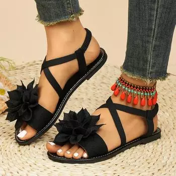 Женские модные сандалии на плоской подошве с круглым носком, пляжная обувь Sweet Wind Flower с перекрестными ремешками 36 ярко-розовый