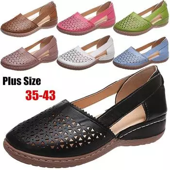 Женские модные сандалии на танкетке, однотонные туфли на низком каблуке, повседневные сандалии больших размеров, дышащие кожаные сандалии с круглым носком, размер 35-43 35 чёрный