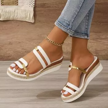 Женские модные сандалии с цветными блоками, повседневные летние пляжные шлепанцы без шнуровки, нескользящие шлепанцы на танкетке 36 белый