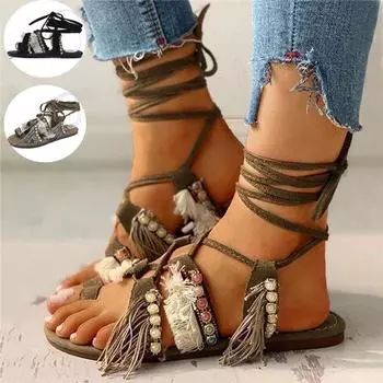 Женские модные сандалии с кисточками, богемные сандалии на плоской подошве, сандалии-гладиаторы с перекрестной завязкой, большие размеры 35-43 43 чёрный