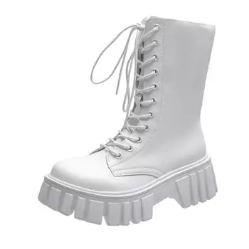 Женские Модные Сапоги До Середины Икры из ПУ Кожи Повседневные Сапоги Нескользящие Сапоги на Платформе для Женщин Ботильоны на Шнуровке EU39/CN40 белый