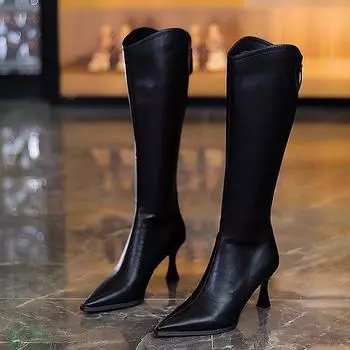 Женские модные сапоги на шпильке выше колена с молнией сзади 35 чёрный