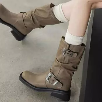 Женские модные сапоги, плиссированные сапоги до середины голени, на платформе и каблуках, осенние женские сапоги из коровьей замши с квадратным носком и толстым каблуком 35