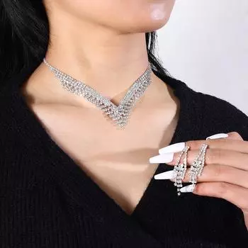 Женские модные серьги, ожерелье из двух частей, комплект из цепочки с когтями, полный бриллиант, свадебный подарок на день рождения