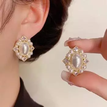 Женские модные серьги с геометрическим бриллиантом и жемчугом, серьги-гвоздики