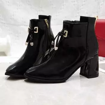 Женские модные сексуальные кожаные туфли на толстом каблуке, модные ботильоны с бриллиантовыми заклепками, ботинки средней высоты, женская обувь 35-40 35 чёрный