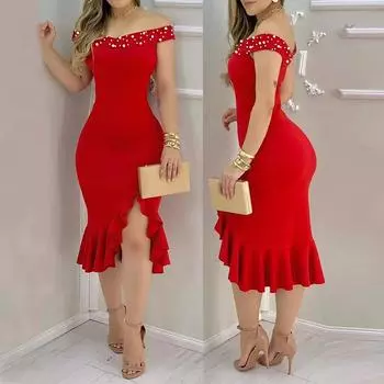 Женские модные сексуальные летние платья с одним вырезом и коротким рукавом с пайетками и рюшами L красный