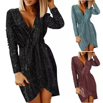 Женские модные сексуальные однотонные платья с V-образным вырезом и длинным рукавом с горячей штамповкой L чёрный