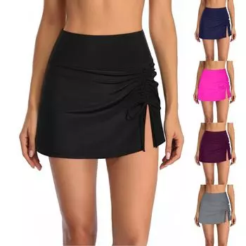 Женские модные сексуальные однотонные плавки с высокой талией, плиссированные трусы для плавания с разрезами и шнурком, двойная юбка, плавки L чёрный