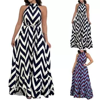 Женские модные сексуальные платья без рукавов с воротником-стойкой и полосатым принтом L фиолетовый