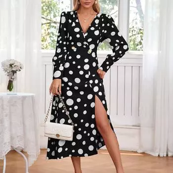 Женские модные сексуальные платья с длинным рукавом и принтом V-образным вырезом L чёрный