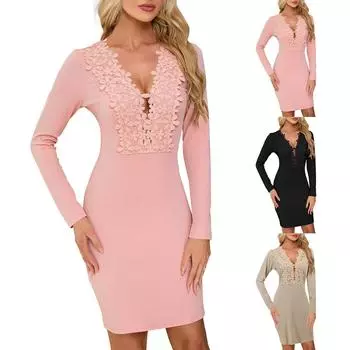 Женские модные сексуальные платья с кружевом и длинным рукавом с запахом и кружевом в рубчик S бежевый