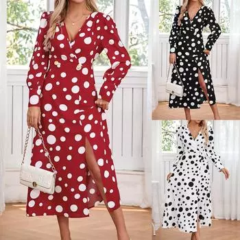 Женские модные сексуальные платья с длинным рукавом и принтом V-образным вырезом L чёрный