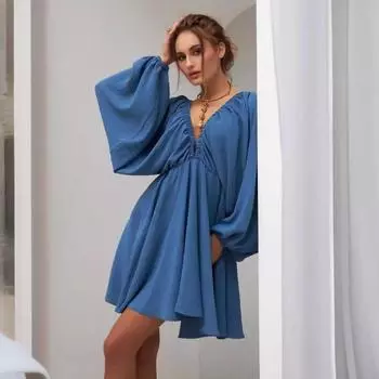 Женские модные сексуальные повседневные платья с V-образным вырезом и длинными рукавами с рукавами-фонариками и большими складками S чёрный