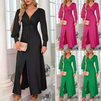 Женские модные сексуальные повседневные платья с длинным рукавом и V-образным вырезом и разрезом L чёрный