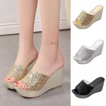 Женские модные сексуальные шлепанцы на танкетке на высоком каблуке с круглым носком, шлепанцы, обувь 37 серебряный