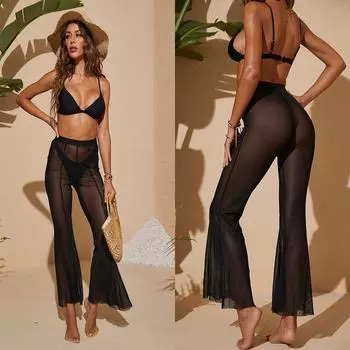 Женские модные сексуальные тонкие расклешенные брюки с высокой талией, сетчатые прозрачные брюки L чёрный
