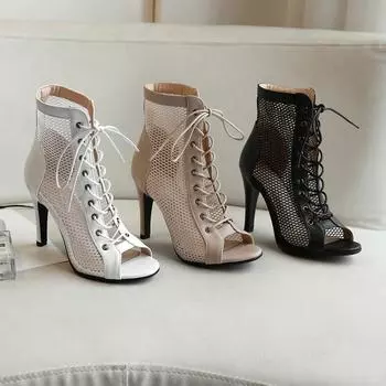 Женские модные сексуальные туфли на тонком высоком каблуке с открытым носком на молнии, танцевальная обувь для бальных танцев, короткие сапоги, сандалии 34 чёрный