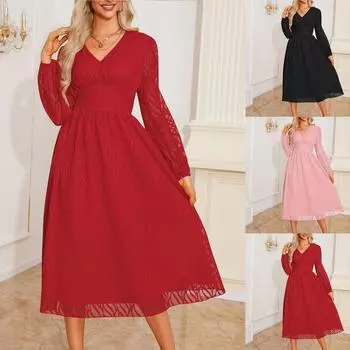 Женские модные сексуальные винтажные платья с V-образным вырезом и длинными рукавами L чёрный