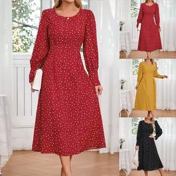 Женские модные сексуальные винтажные платья с небольшим цветочным круглым вырезом и длинным рукавом L чёрный