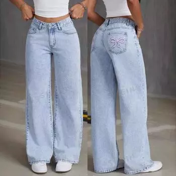 Женские модные широкие брюки с вышитым бантом на заднем кармане, универсальные брюки из выстиранного денима XL синий