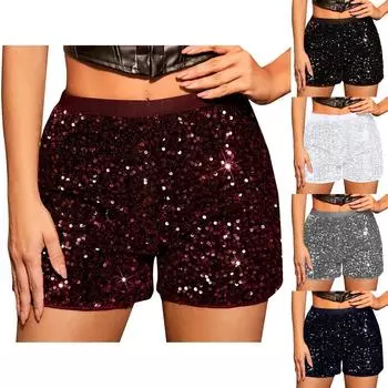 Женские модные шорты с высокой талией, однотонные, узкие брюки для ночного шоу с пайетками для женщин L чёрный