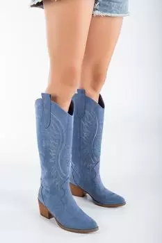 Женские модные синие, темно-синие джинсовые матовые замшевые сапоги на плоской подошве в стиле вестерн с вышивкой