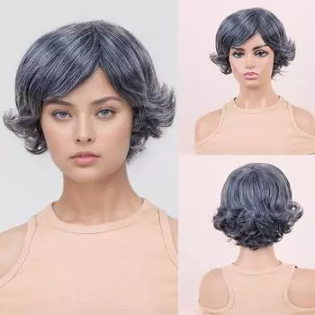 Женские модные синтетические пушистые парики с боковой челкой женские короткие вьющиеся черные седые волосы парики из высокотемпературного волокна черный серый
