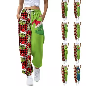 Женские модные спортивные повседневные спортивные штаны с карманами на шнуровке и рождественским принтом L