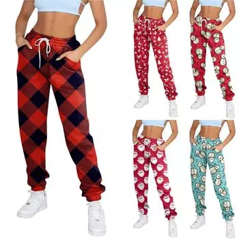Женские модные спортивные повседневные спортивные штаны с карманами на шнуровке и рождественским принтом XL чёрный