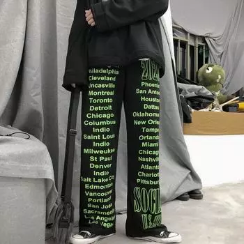 Женские модные спортивные штаны, корейская версия, универсальные свободные повседневные брюки в стиле ретро с надписью Ins для мужчин и женщин, брюки с широкой талией для пар L чёрный