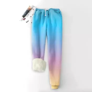 Женские модные спортивные свободные утолщенные теплые брюки из плотного флиса с принтом L синий