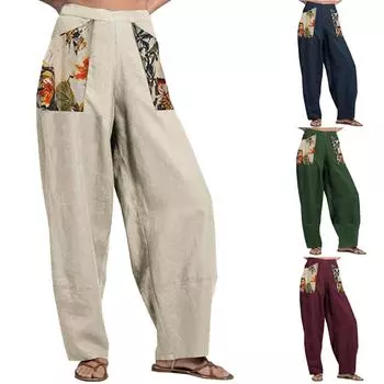 Женские модные стеганые хлопковые льняные брюки с широкими штанинами, свободные брюки L бежевый