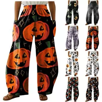 Женские модные свободные брюки с эластичной резинкой на талии и принтом на Хэллоуин, домашние повседневные прямые брюки с карманами XXXXXL