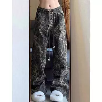 Женские модные свободные брюки с леопардовым принтом, весна и осень, новая повседневная уличная одежда в стиле хип-хоп, прямые брюки на шнурке, элегантные брюки 1739 S