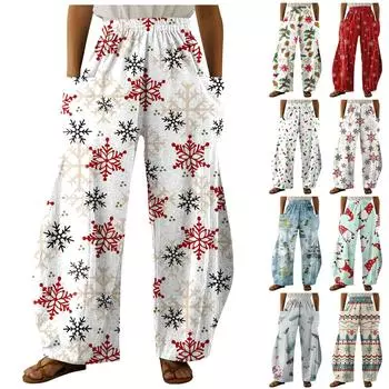 Женские модные свободные домашние брюки с эластичной резинкой на талии и рождественским принтом, повседневные прямые брюки с карманами XL киноварь