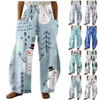 Женские модные свободные домашние брюки с эластичной резинкой на талии и рождественским принтом, повседневные прямые брюки с карманами XXL белый