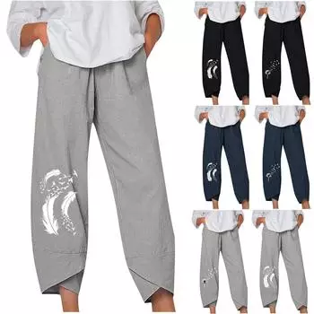Женские модные свободные домашние повседневные брюки из хлопка и льна с эластичной резинкой на талии и принтом XXL