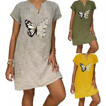Женские модные свободные летние платья с V-образным воротником и короткими рукавами для отдыха с принтом M зелёный