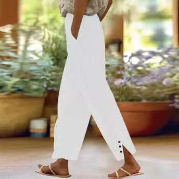 Женские модные свободные однотонные повседневные брюки из хлопка и льна с широкими штанинами Nine Points L белый