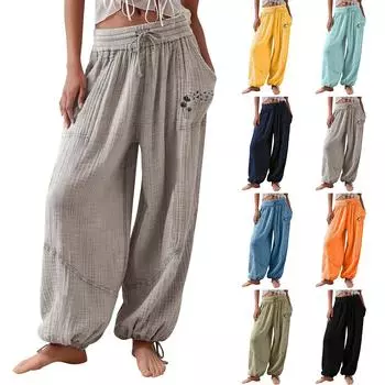 Женские модные свободные однотонные повседневные брюки с эластичной резинкой на талии и карманами XL