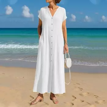 Женские модные свободные однотонные повседневные платья из хлопка и льна с V-образным вырезом и карманами S