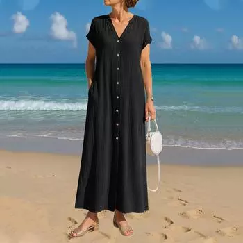 Женские модные свободные однотонные повседневные платья из хлопка и льна с V-образным вырезом и карманами чёрный