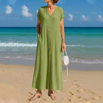 Женские модные свободные однотонные повседневные платья из хлопка и льна с V-образным вырезом и карманами XL